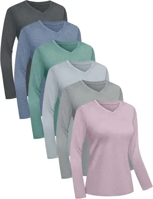 1/6 Pack Womens Long Sleeve Workout Shirts,UPF50  Dry Fit V Neck UV Sun Protection Running Athletic Tops T Shirts