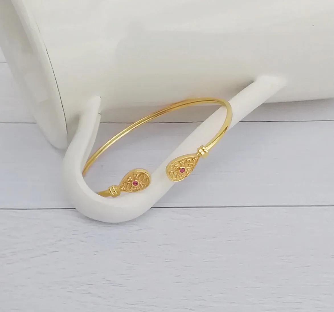 22k Gold And Rose Quartz Bangle Bracelet, Byzantine Bracelet For Her
