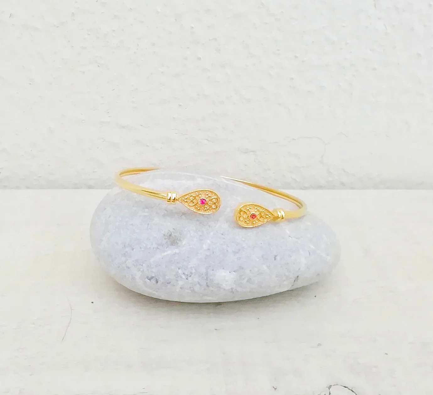 22k Gold And Rose Quartz Bangle Bracelet, Byzantine Bracelet For Her
