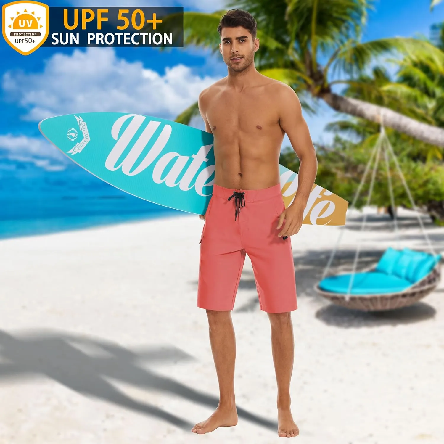 22" Men's Board Shorts Swimwear No Mesh Lining - Long Swim Trunks Surf Shorts Bathing Suit with Zipper Pocket UPF50 