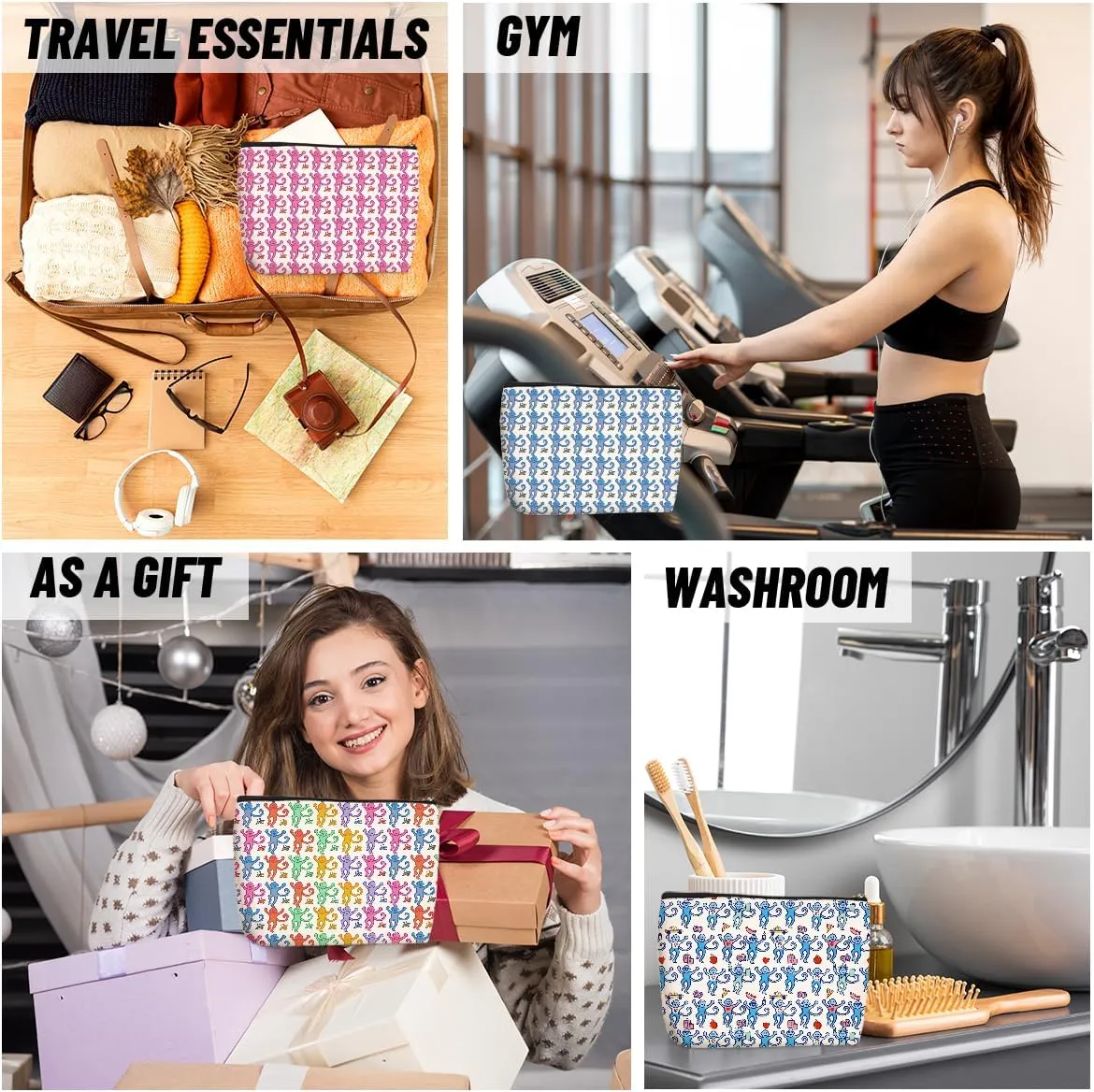 4 Pieces Preppy Stuff Preppy Makeup Bag Preppy Gifts for Women Teen Girls Monkey Lover Best Friend Girlfriend Sisters Birthday Christmas Friendship Gifts Cosmetic Bag Travel Pouch Preppy Bag