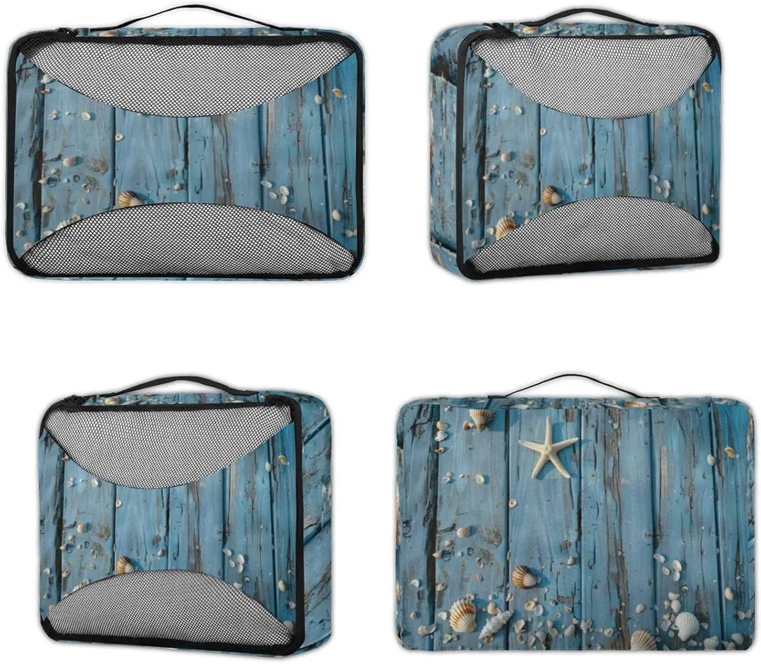 4 Set Packing Cubes for Travel, Coastal Beach Themed Packing Cubes for Women, Travel Luggage Packing Organizers, Packing Cube Set, Seashell Starfish Wood Grain