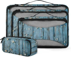 4 Set Packing Cubes for Travel, Coastal Beach Themed Packing Cubes for Women, Travel Luggage Packing Organizers, Packing Cube Set, Seashell Starfish Wood Grain