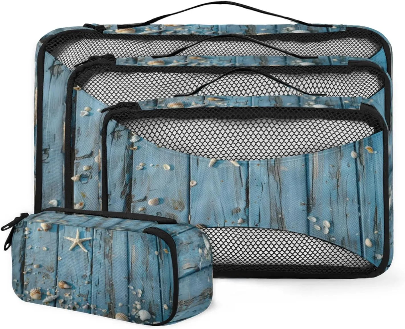 4 Set Packing Cubes for Travel, Coastal Beach Themed Packing Cubes for Women, Travel Luggage Packing Organizers, Packing Cube Set, Seashell Starfish Wood Grain