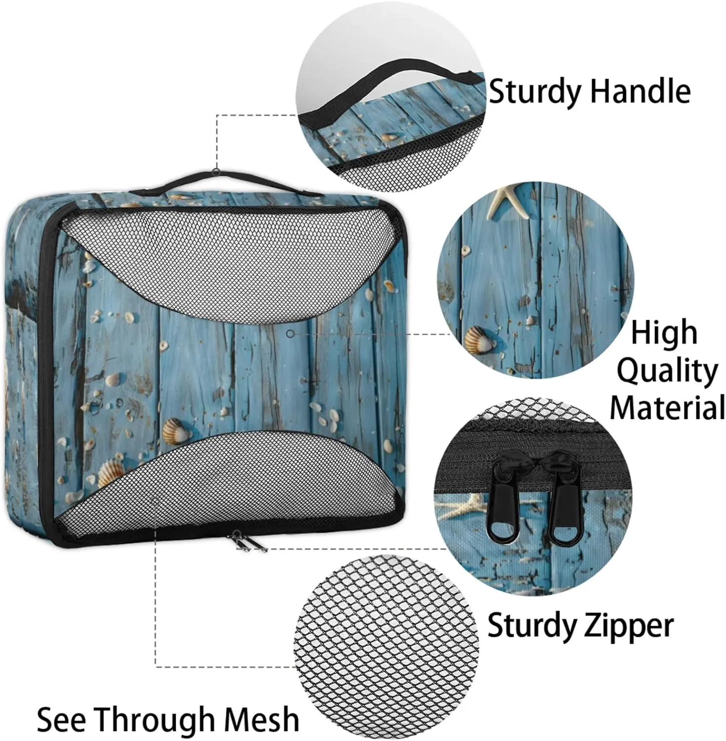 4 Set Packing Cubes for Travel, Coastal Beach Themed Packing Cubes for Women, Travel Luggage Packing Organizers, Packing Cube Set, Seashell Starfish Wood Grain
