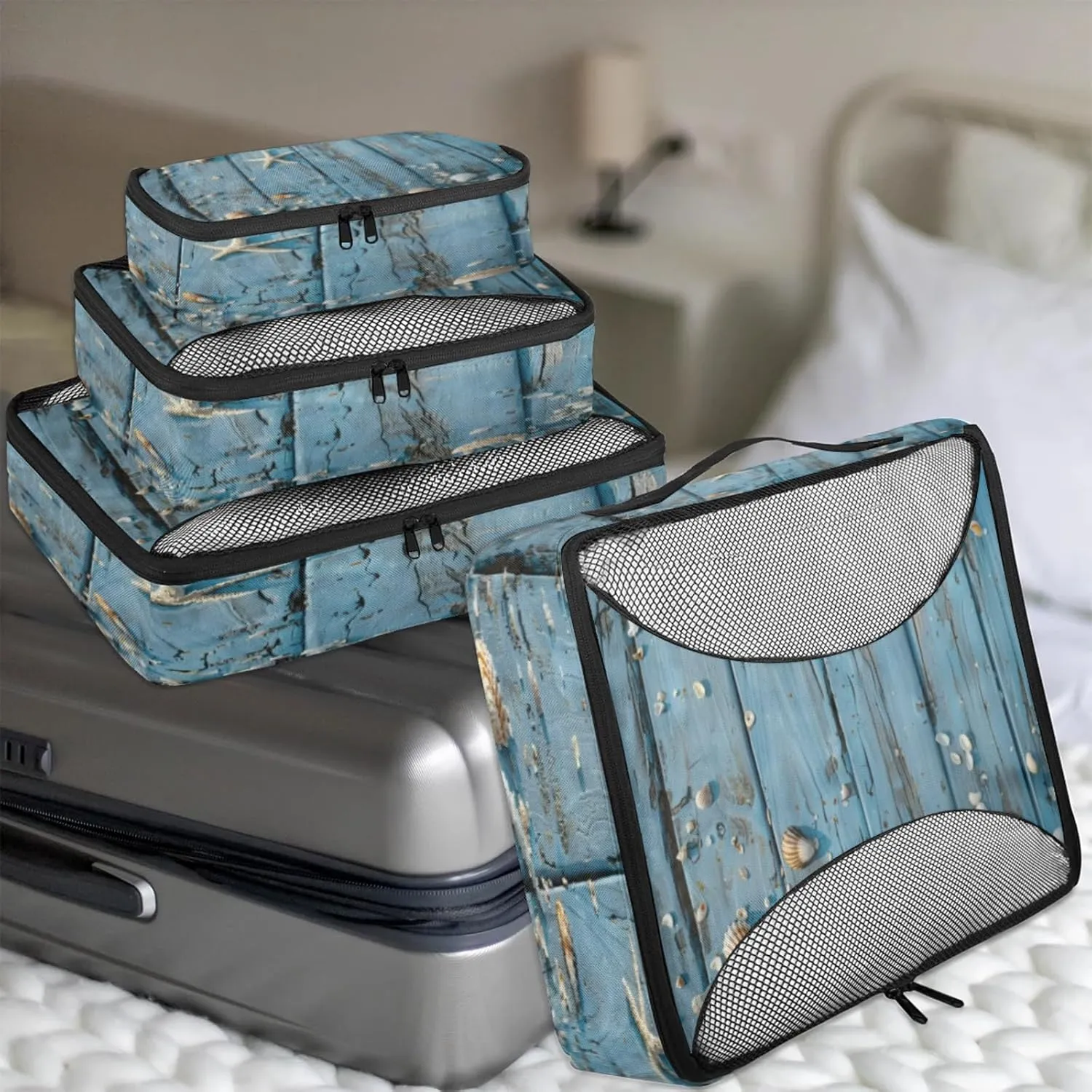 4 Set Packing Cubes for Travel, Coastal Beach Themed Packing Cubes for Women, Travel Luggage Packing Organizers, Packing Cube Set, Seashell Starfish Wood Grain