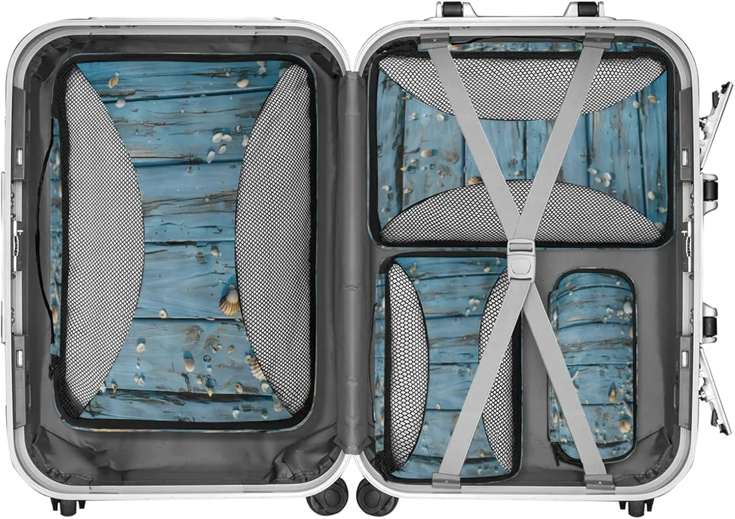 4 Set Packing Cubes for Travel, Coastal Beach Themed Packing Cubes for Women, Travel Luggage Packing Organizers, Packing Cube Set, Seashell Starfish Wood Grain