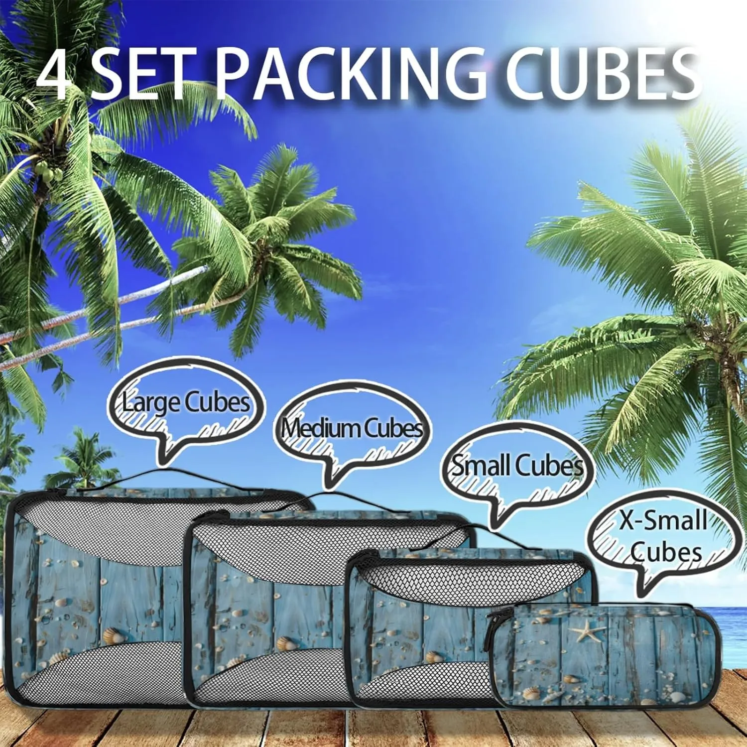 4 Set Packing Cubes for Travel, Coastal Beach Themed Packing Cubes for Women, Travel Luggage Packing Organizers, Packing Cube Set, Seashell Starfish Wood Grain