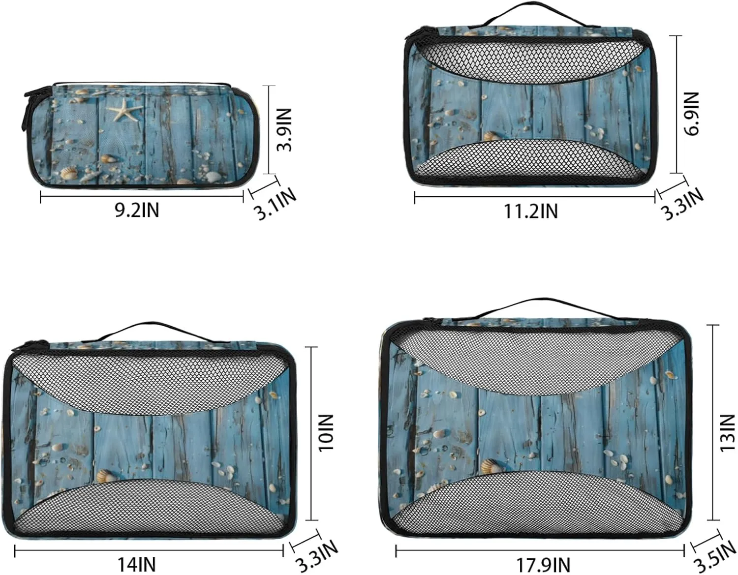 4 Set Packing Cubes for Travel, Coastal Beach Themed Packing Cubes for Women, Travel Luggage Packing Organizers, Packing Cube Set, Seashell Starfish Wood Grain