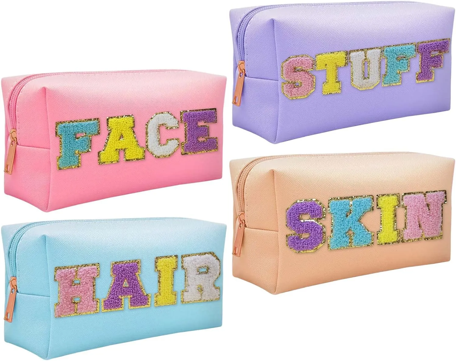 4PCS Premium Preppy Makeup Bag Set, Cute PU Travel Toiletry Bag for Women, Waterproof Preppy Patch Cosmetic Organizer Bag for Traveling Outdoors, Gift Ideal for Christmas Thanksgiving