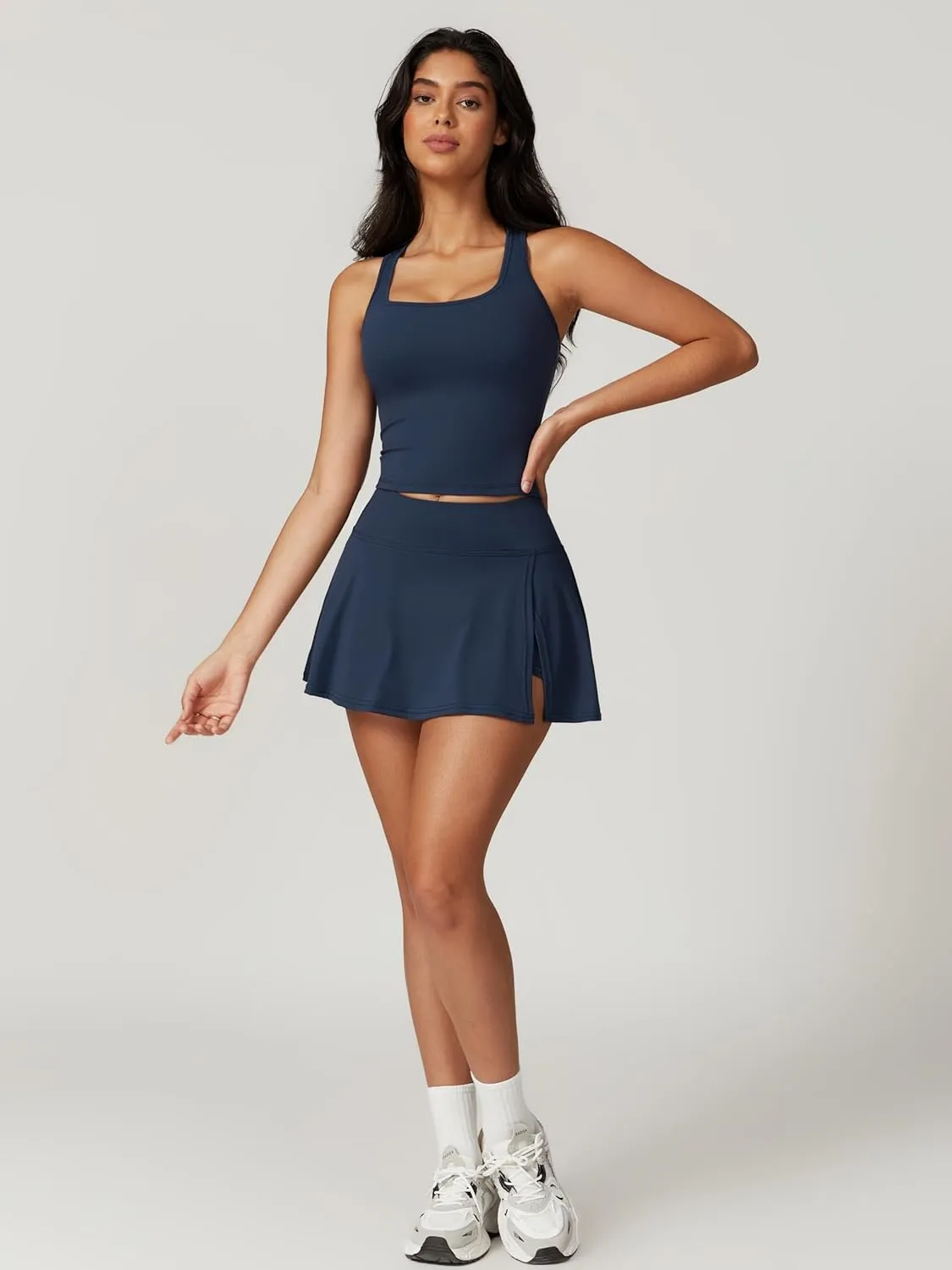 ABOCIW 2 Piece Tennis Dresses for Women Side Slit Mini Skirt Set Racerback Workout Crop Tank Top Golf Outfits
