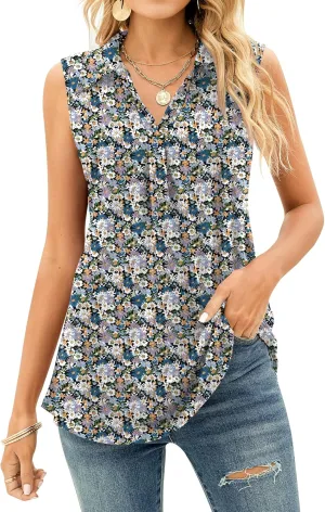 AKEWEI Sleeveless Tops for Women - Summer V Neck Casual Tank Tops Loose Solid Collar Polo Shirts