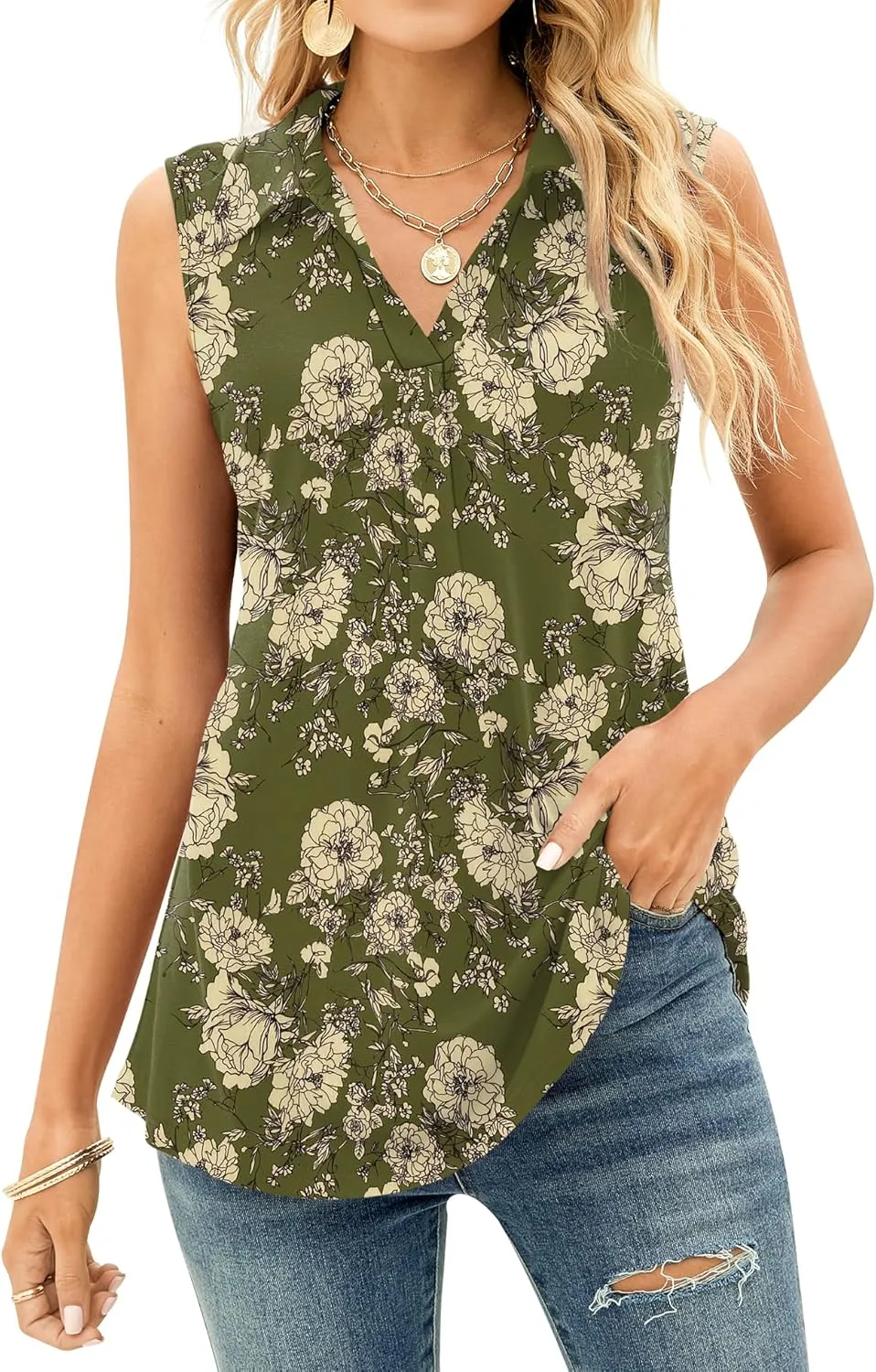 AKEWEI Sleeveless Tops for Women - Summer V Neck Casual Tank Tops Loose Solid Collar Polo Shirts