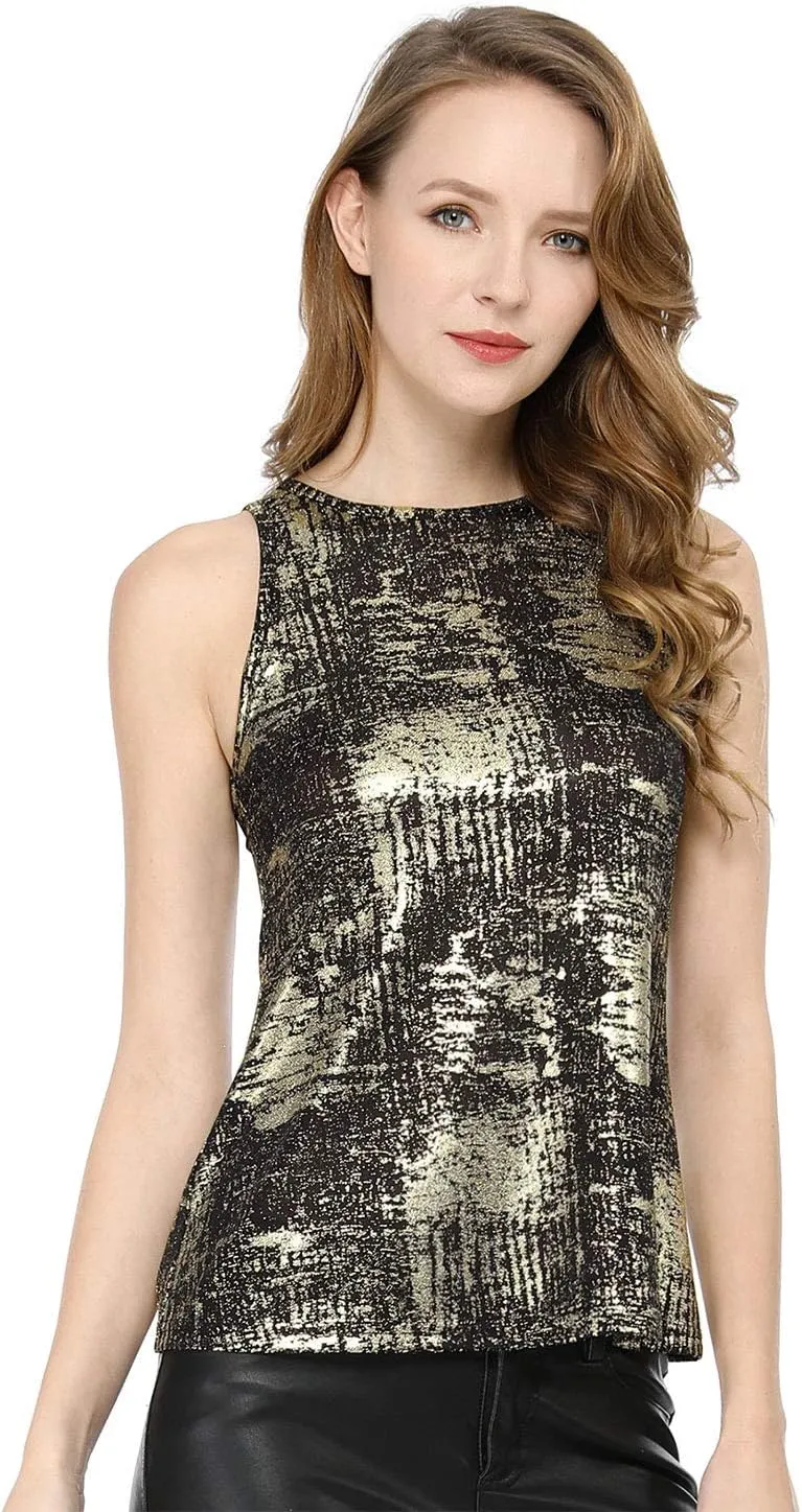 Allegra K Women's Metallic Tank Tops Shiny Sleeveless Party Disco Shirt