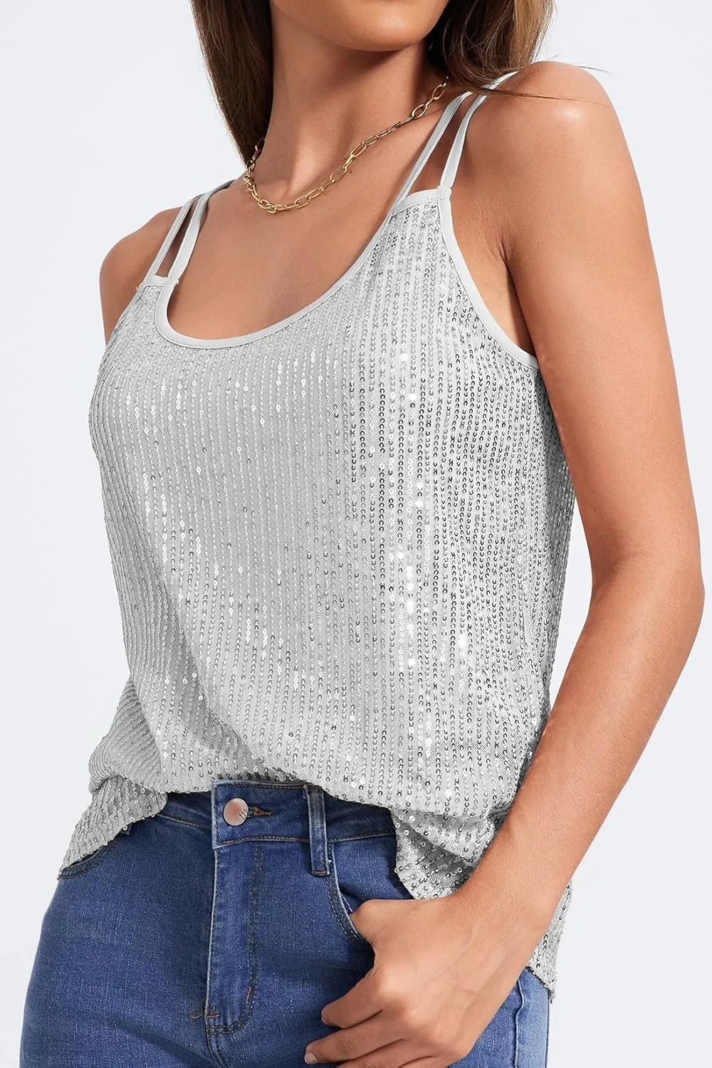 Allimy Womens Strappy Sequin V Neck Tank Tops Sparkle Shimmer Party Club Tank Tops Sleeveless Shirts