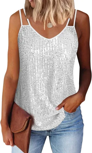 Allimy Womens Strappy Sequin V Neck Tank Tops Sparkle Shimmer Party Club Tank Tops Sleeveless Shirts
