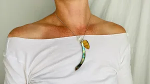 Amber, Paua & Silver Pendant. Sterling Silver Snake Chain.
