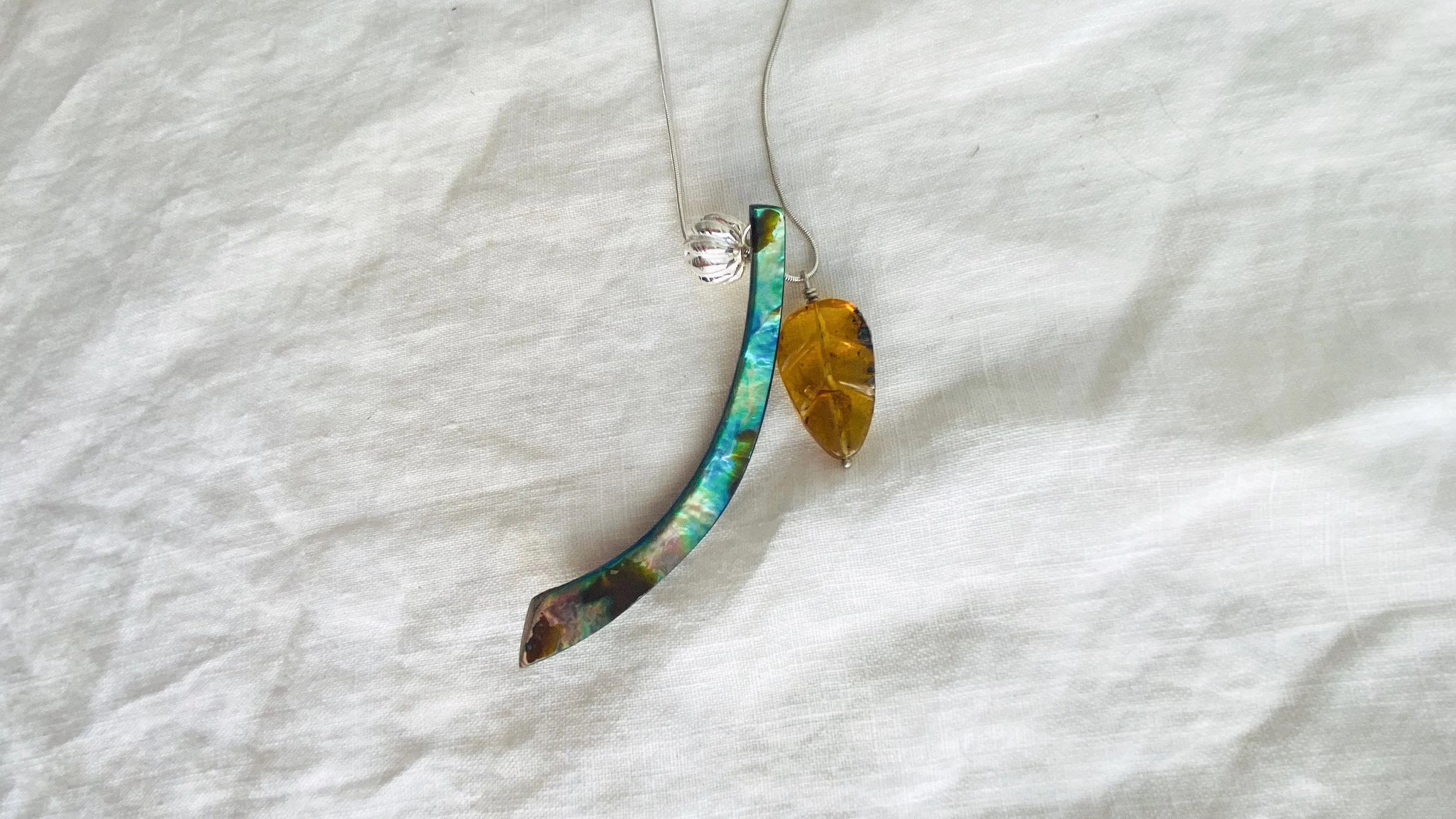 Amber, Paua & Silver Pendant. Sterling Silver Snake Chain.