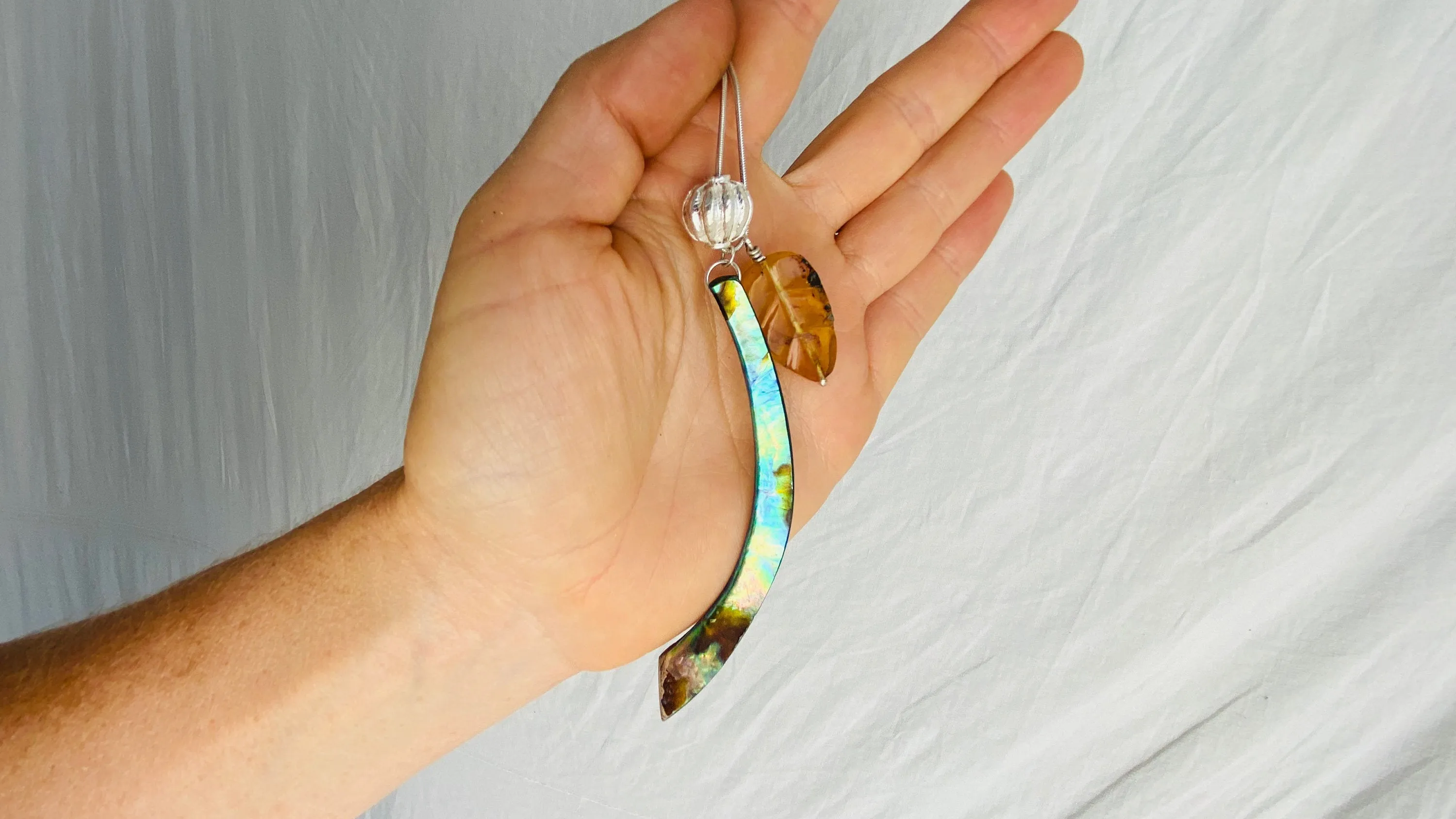 Amber, Paua & Silver Pendant. Sterling Silver Snake Chain.