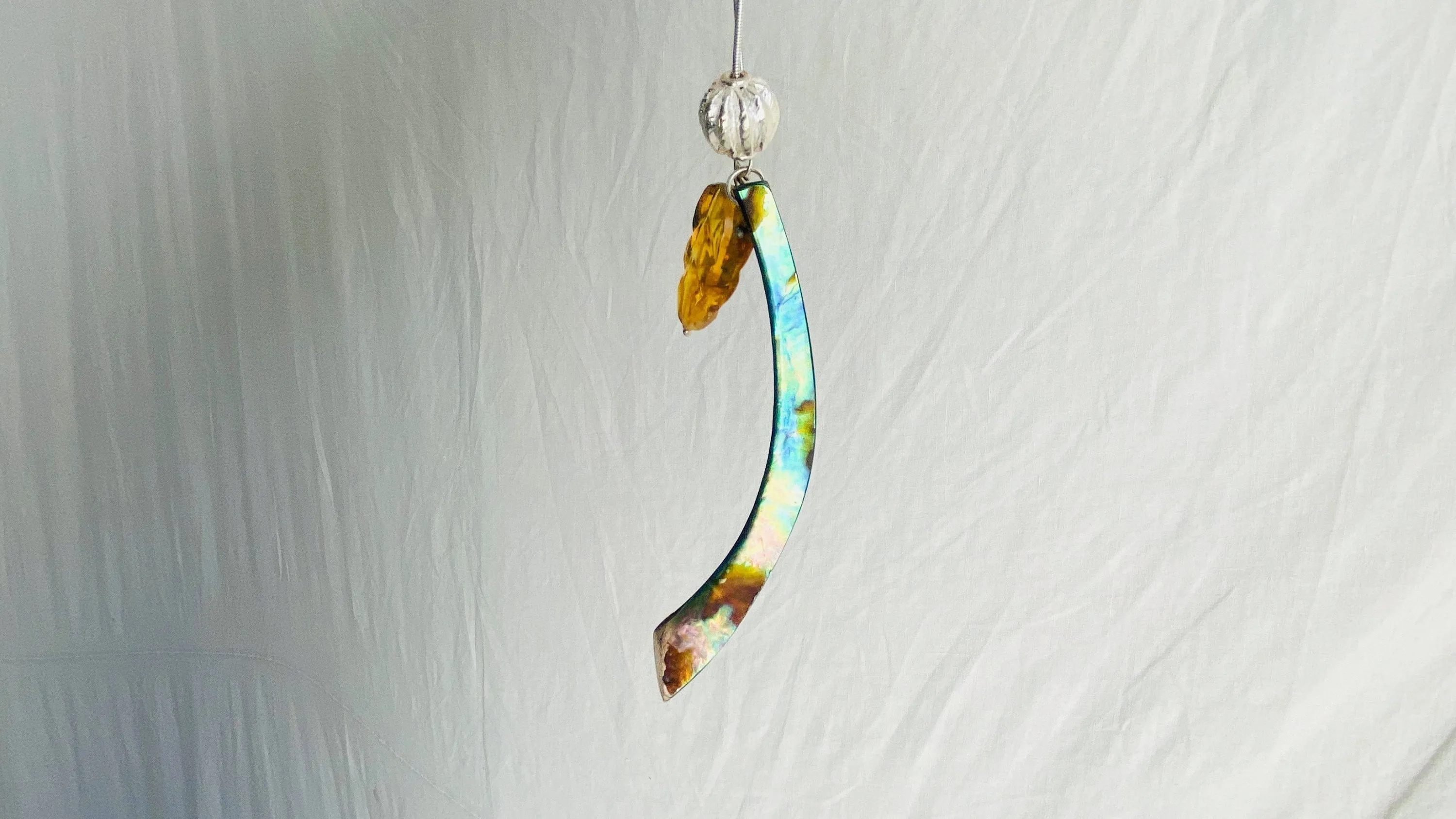 Amber, Paua & Silver Pendant. Sterling Silver Snake Chain.
