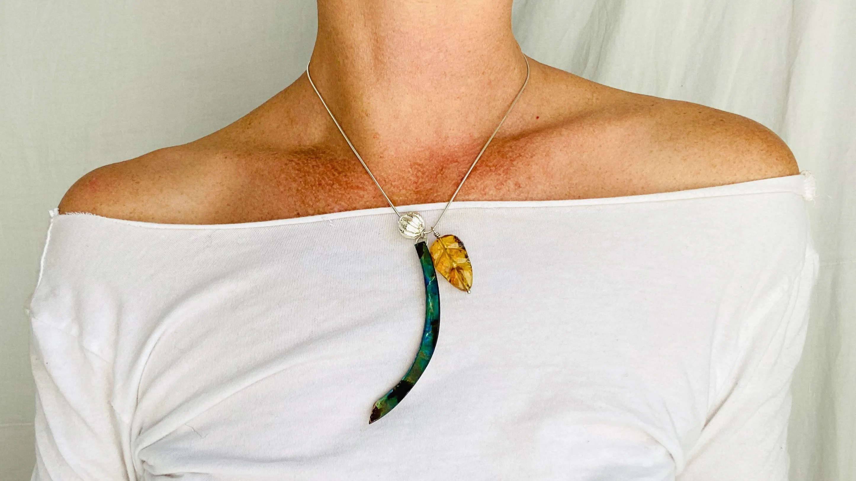 Amber, Paua & Silver Pendant. Sterling Silver Snake Chain.