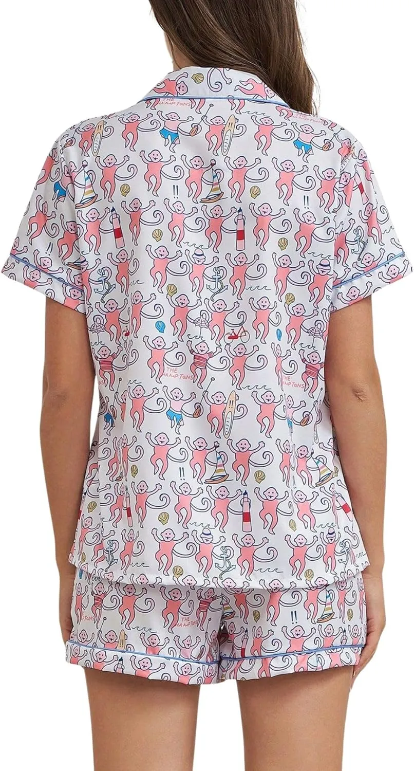 Ammiko Womens Pajamas Set Y2k Loungewear Pajama Button Down Top and Shorts Monkey Beach Short Sleeve Preppy Sleepwear