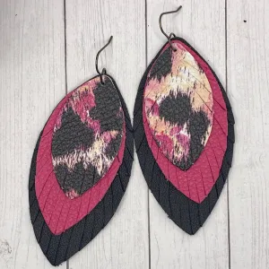 Animal Print Black and Pink Large Leather Feather Earrings