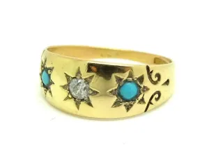Antique Edwardian (1901-1910) Diamond & Turquoise Yellow Gold Gypsy Ring (Size: 0 1/2)