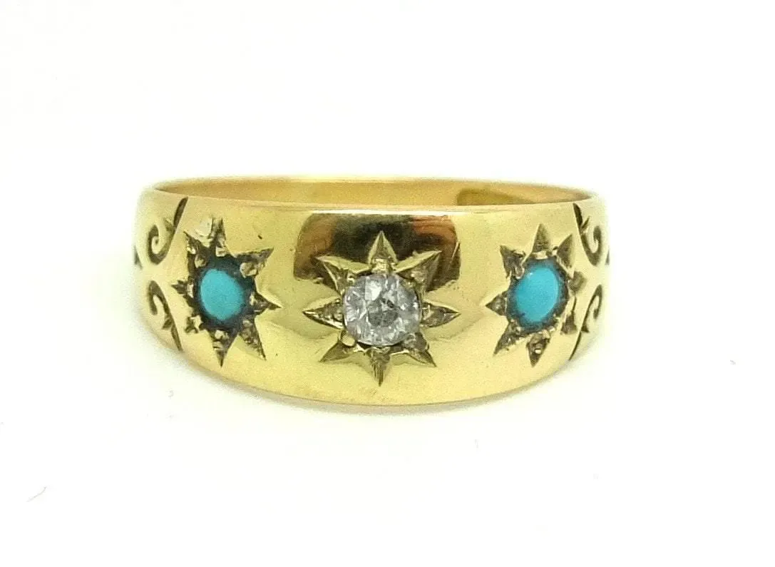 Antique Edwardian (1901-1910) Diamond & Turquoise Yellow Gold Gypsy Ring (Size: 0 1/2)