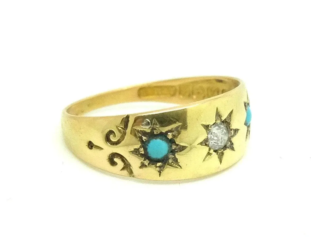 Antique Edwardian (1901-1910) Diamond & Turquoise Yellow Gold Gypsy Ring (Size: 0 1/2)