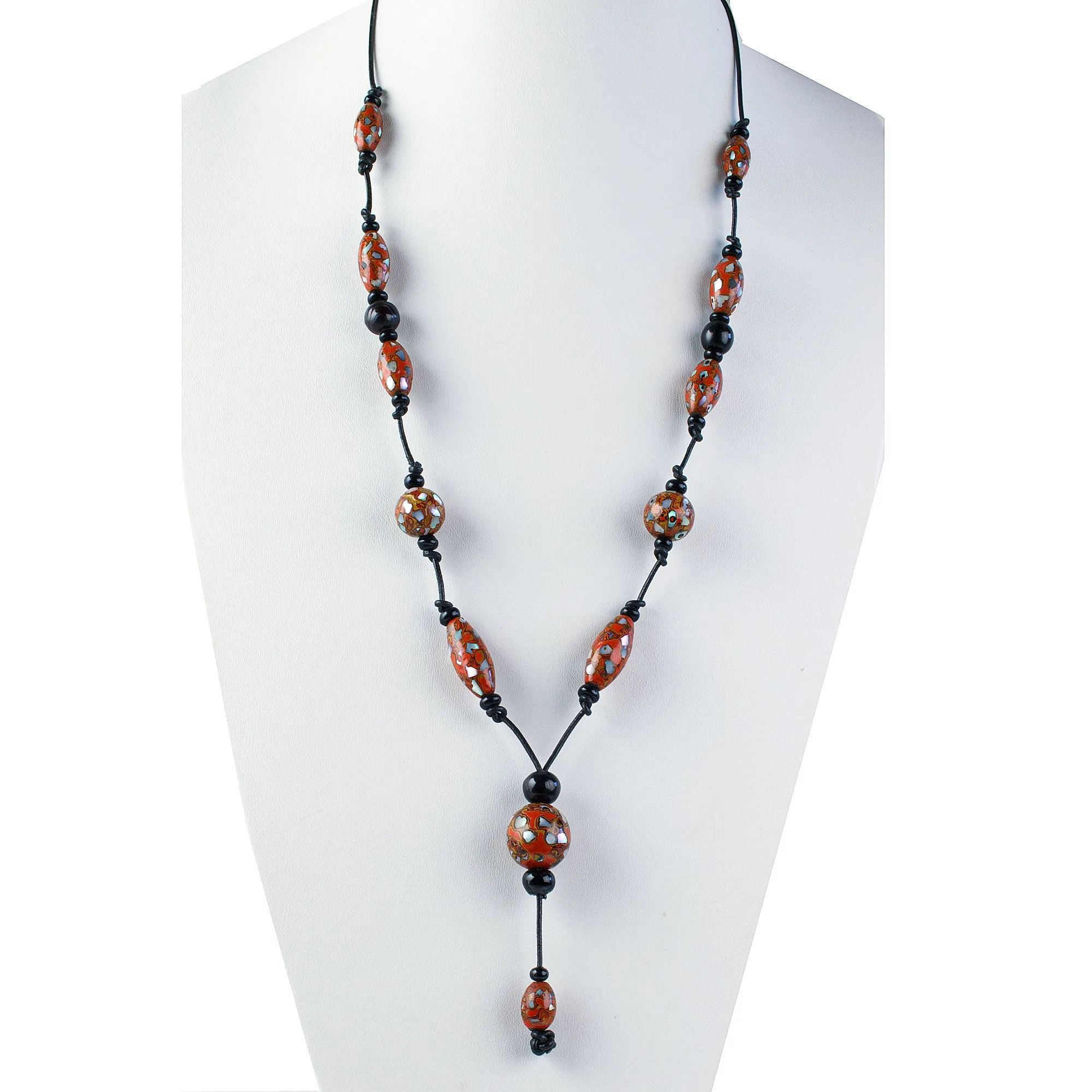 Antique rare Japanese red-orange Mokume style lacquer beads with abalone shell inlay necklace. Early 20th century. nlor823