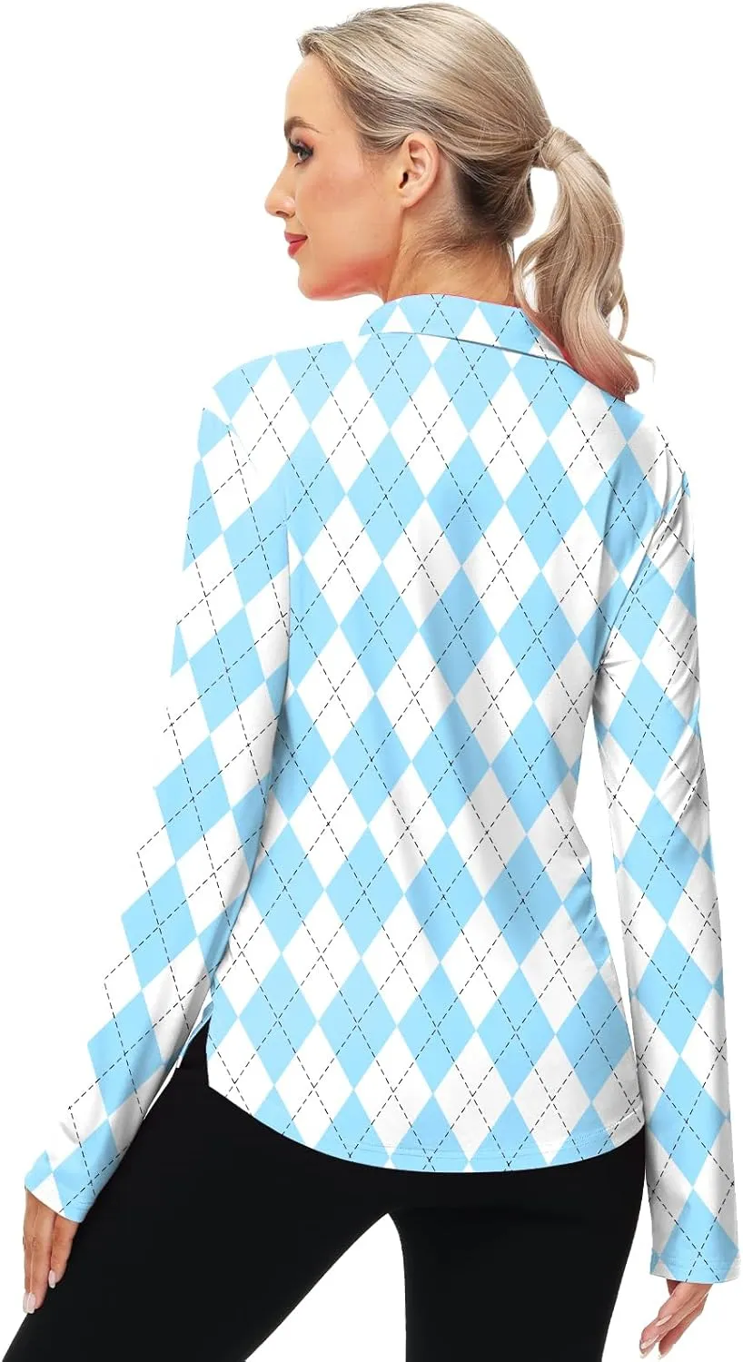AOBUTE Women's Long Sleeve Golf Shirts Zip Polo Tennis Top with Thumb Hole