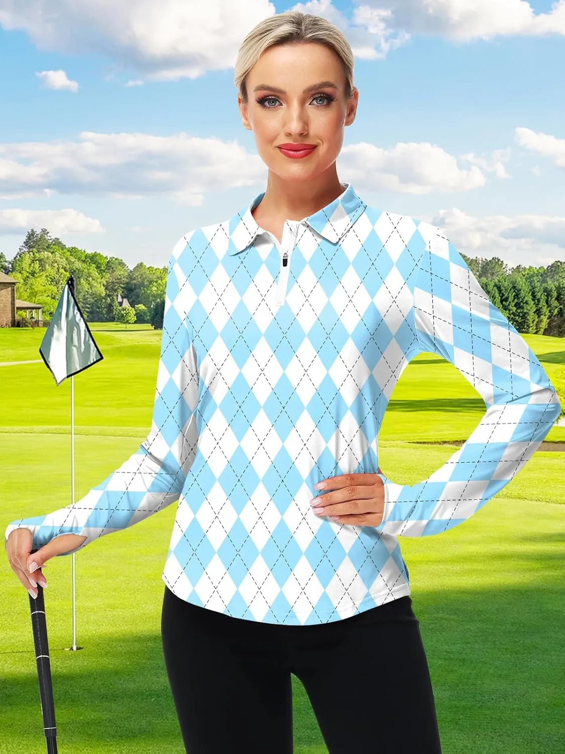 AOBUTE Women's Long Sleeve Golf Shirts Zip Polo Tennis Top with Thumb Hole