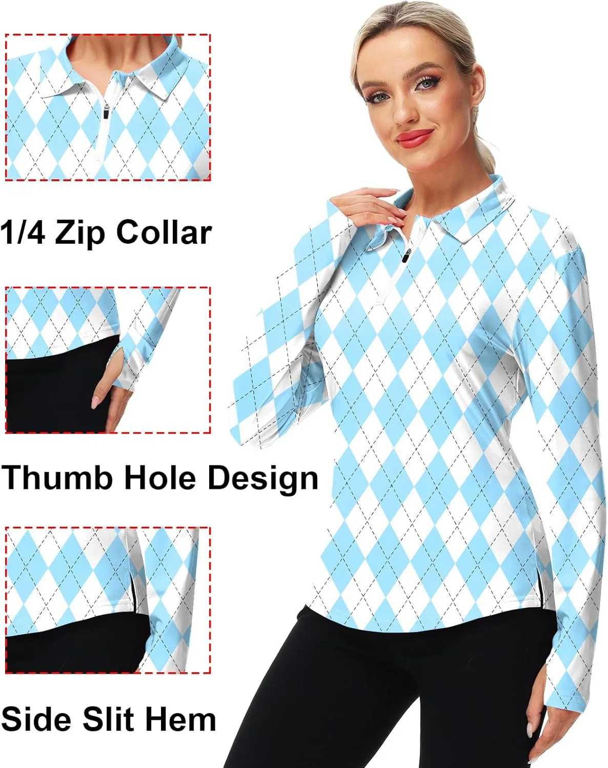 AOBUTE Women's Long Sleeve Golf Shirts Zip Polo Tennis Top with Thumb Hole