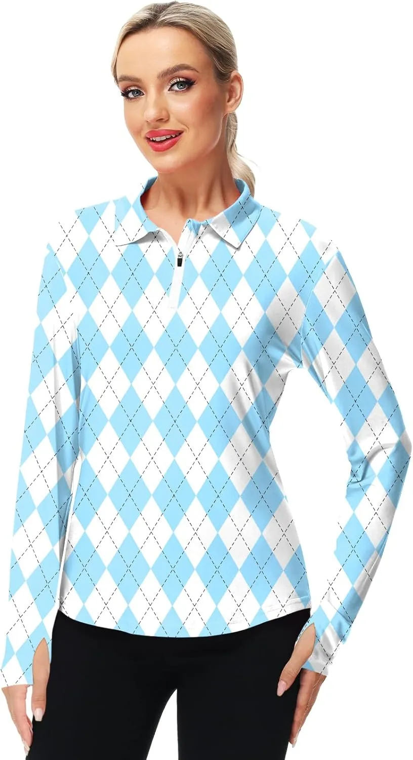 AOBUTE Women's Long Sleeve Golf Shirts Zip Polo Tennis Top with Thumb Hole