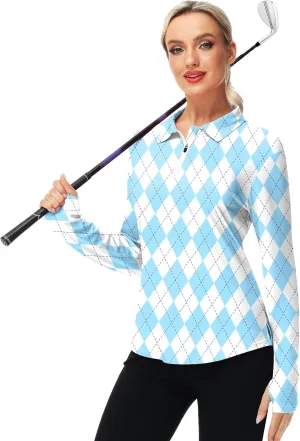 AOBUTE Women's Long Sleeve Golf Shirts Zip Polo Tennis Top with Thumb Hole