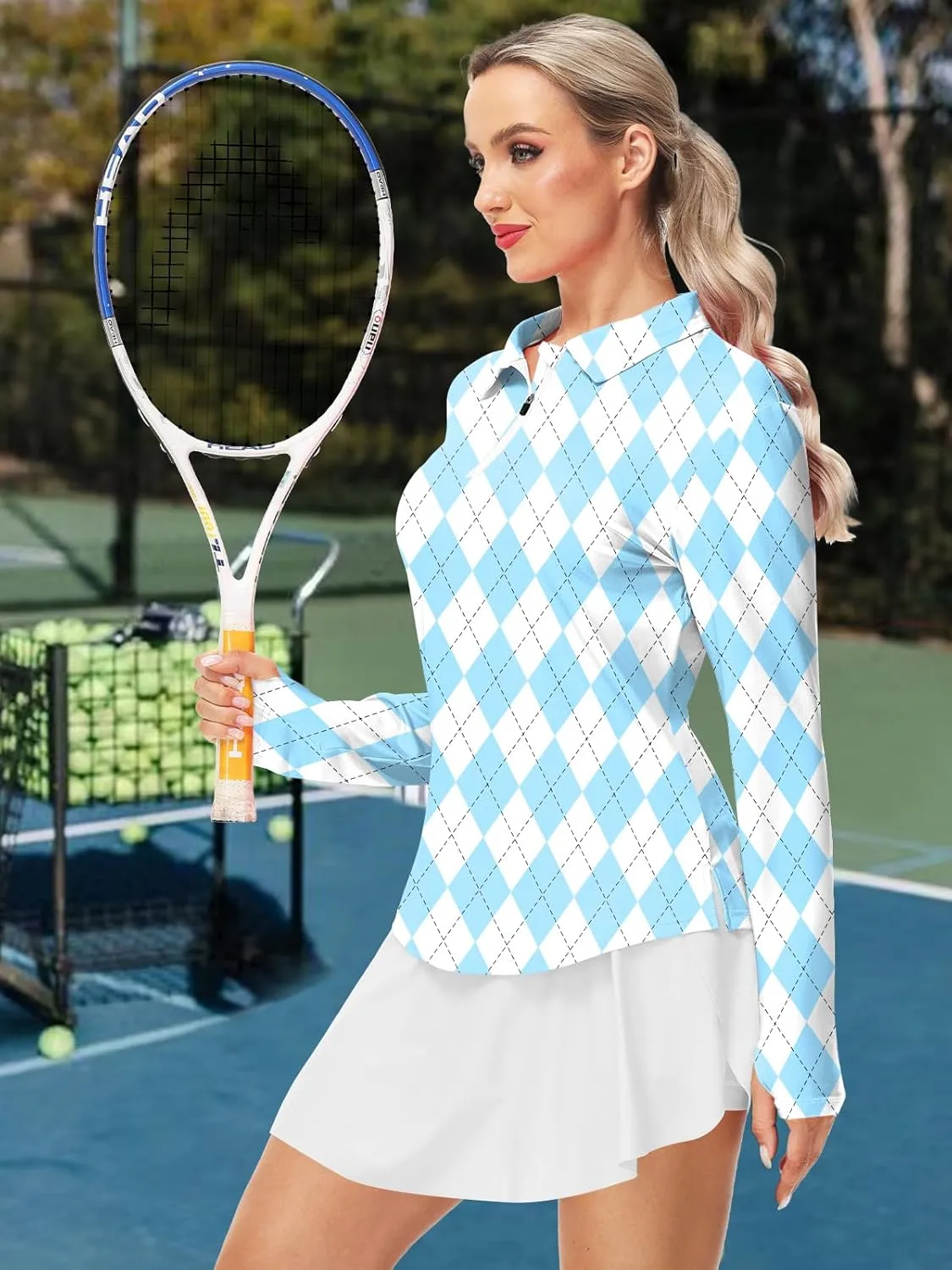 AOBUTE Women's Long Sleeve Golf Shirts Zip Polo Tennis Top with Thumb Hole