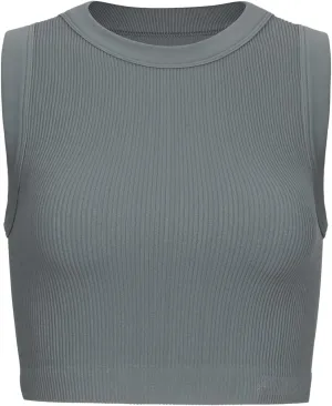 AUROLA Essentials Rib Seamless Sleeveless Tank for Women Subtle Logo Round Neck Active Workout Crop Tops