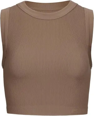 AUROLA Essentials Rib Seamless Sleeveless Tank for Women Subtle Logo Round Neck Active Workout Crop Tops