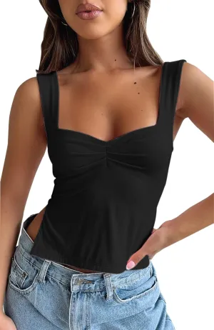 BAIGRAM Womens Sleeveless Slim Crop Tank Top Sexy Pleated Bustier Sweetheart Neck Strappy Slits Cropped Vest Cami