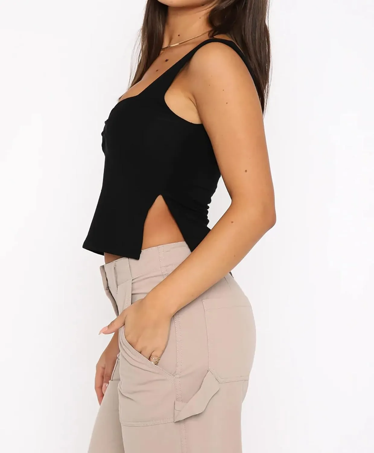 BAIGRAM Womens Sleeveless Slim Crop Tank Top Sexy Pleated Bustier Sweetheart Neck Strappy Slits Cropped Vest Cami