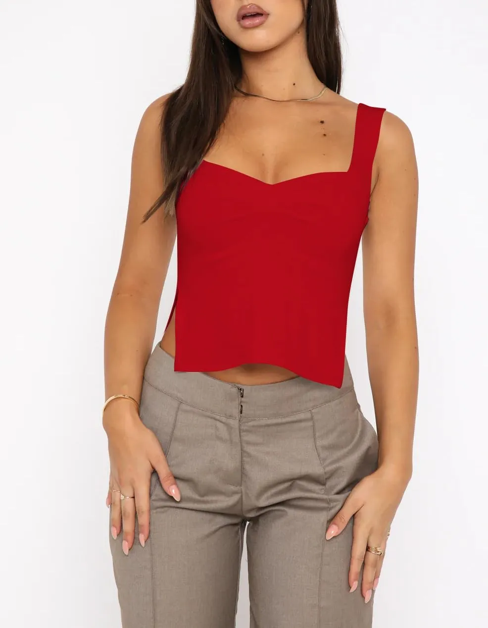 BAIGRAM Womens Sleeveless Slim Crop Tank Top Sexy Pleated Bustier Sweetheart Neck Strappy Slits Cropped Vest Cami