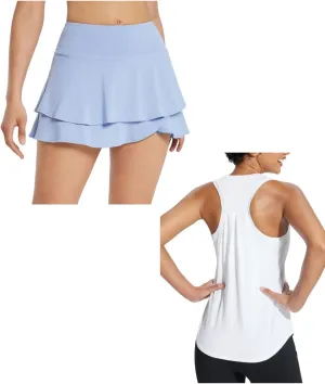 baleaf Women's 14" Tennis Skirts Golf Skorts & Workout Tank Top Racerback Blue&White M