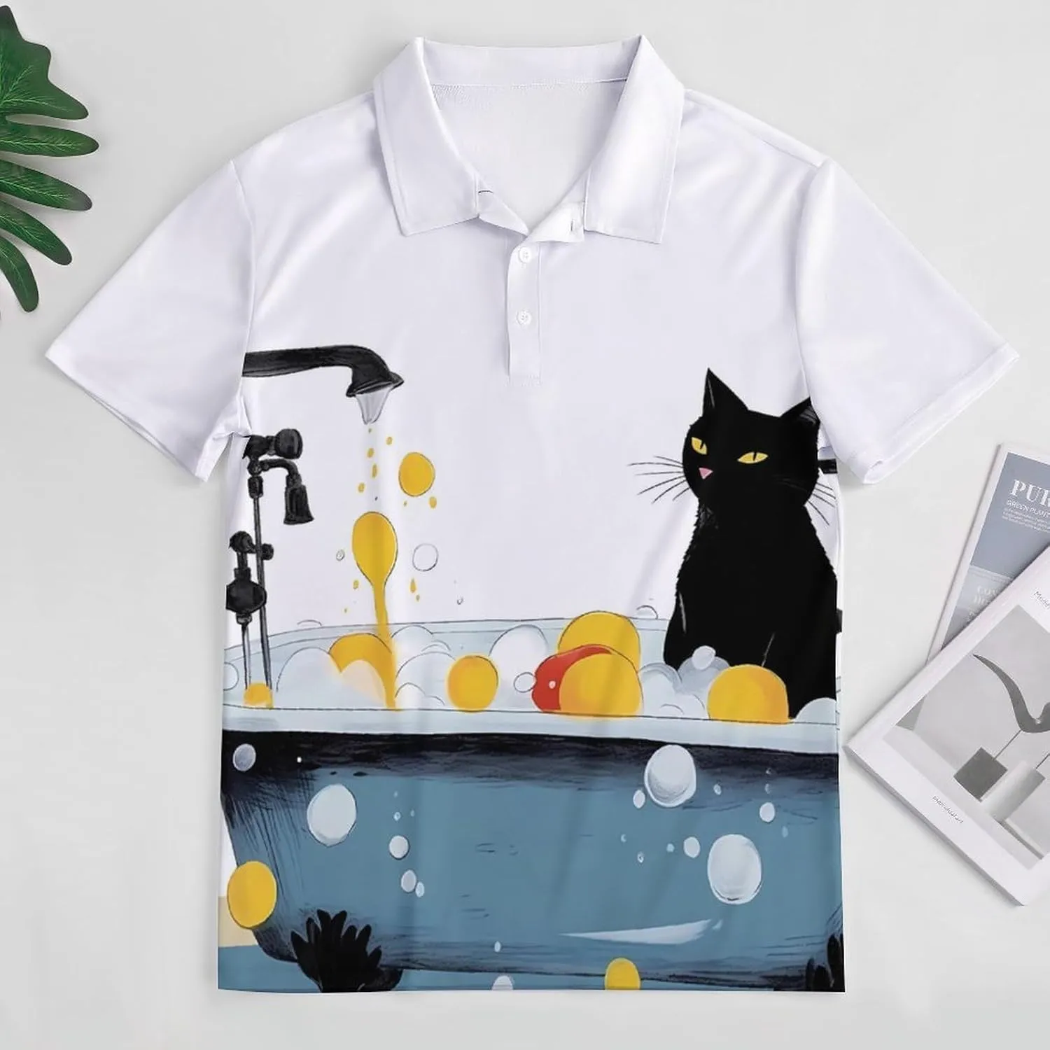 Bathtub Cat Mens Short Sleeve Polo Shirts Straight Sports Golf Tennis T-Shirt Quick Dry Long Top