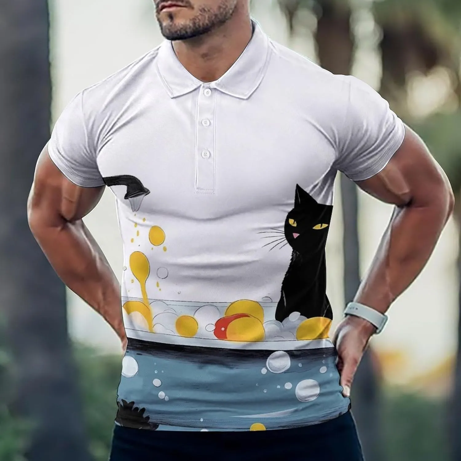 Bathtub Cat Mens Short Sleeve Polo Shirts Straight Sports Golf Tennis T-Shirt Quick Dry Long Top