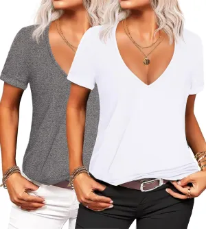 Beyove Women's Deep V T-Shirt Summer Short Sleeve Loose Casual Top(S-3XL)