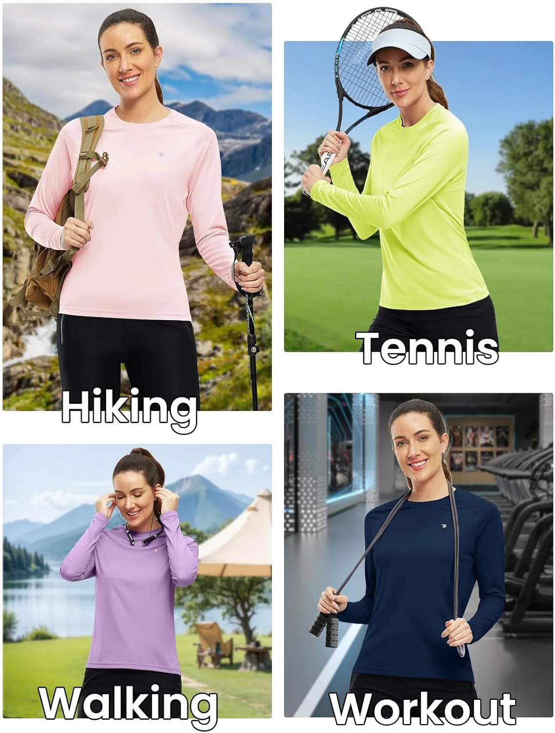 BGOWATU Women's Long Sleeve UPF 50  Sun Shirts Lightweight Workout Active Tops Quick Dry Swim Athletic Workout Rash Guard
