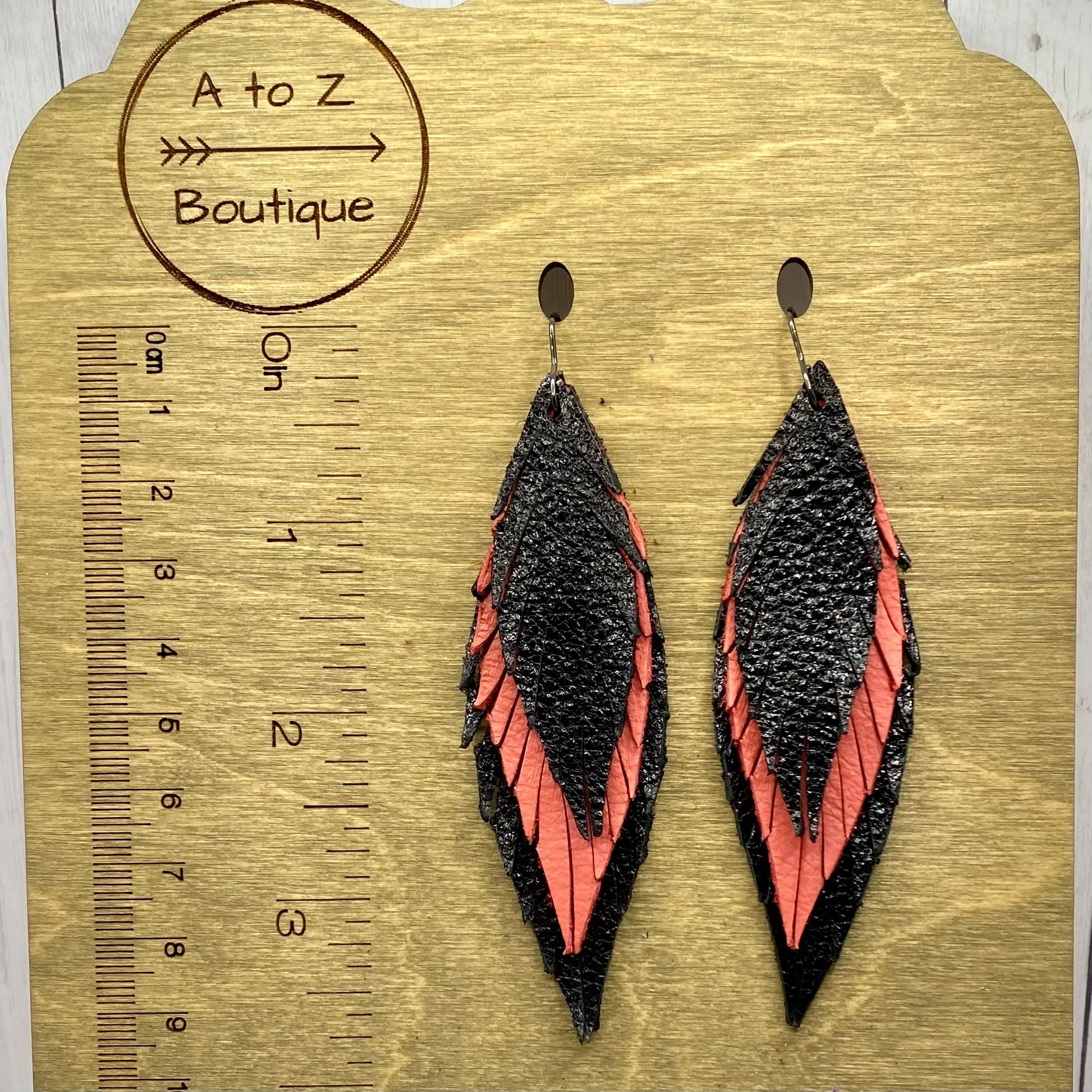 Black and Coral Leather Skinny Feather Earrings