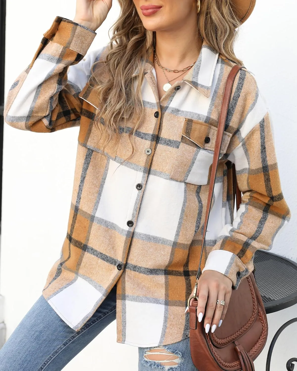 Blansdi Womens Flannel Shacket Plaid Long Sleeve Button Down Flannel Shirts Jacket Fall Winter Spring Outfits