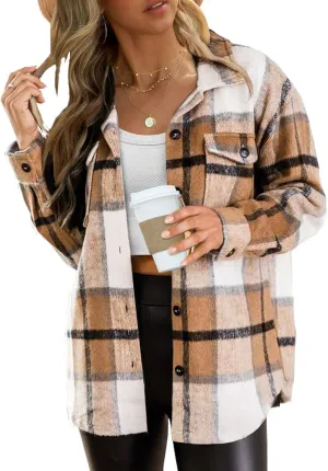 Blansdi Womens Flannel Shacket Plaid Long Sleeve Button Down Flannel Shirts Jacket Fall Winter Spring Outfits